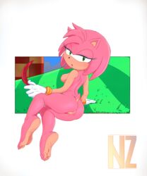 2020 amy_rose anthro ass barefoot breasts clothing eulipotyphlan female genitals gloves grass green_eyes handwear hedgehog holding_object mammal mostly_nude nipples nolegal pink_body pink_skin pussy signature soles solo sonic_(series) sonic_the_hedgehog_(series) toes video_games