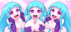 1boy 3girls aikuxa areolae big_breasts blue_hair breasts cum female long_hair looking_at_viewer male me!me!me! meme_(me!me!me!) open_mouth paizuri penis purple_eyes smile