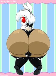 1boy alduingijinka androgynous backsack big_ass bulge bunny_boy bunnysuit clarie_(alduingijinka) demon easter femboy girly huge_ass looking_at_viewer looking_back male male_only red_eyes short_hair simple_background solo thigh_boots trap