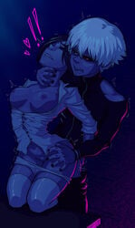 1boy 1boy1girl 1girls arched_back arms_behind_back biting_lip black_hair bursting_breasts closed_eyes clothed_sex couple exposed_breasts from_behind_position hearts hip_grab kaneki_ken kirishima_touka kneeling legs navel neck_grab open_clothes open_shirt panties panties_down pleasure_face pounding rough_sex school_uniform sex short_hair standing standing_sex thighhighs thrusting tits tokyo_ghoul trembling white_hair