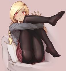 1girls blonde_hair blush clothing couch fair-skinned_female fair_skin female female_focus female_only gravity_rush kat_(gravity_rush) light-skinned_female light_skin long_hair looking_at_viewer nickleflick presenting red_eyes solo solo_female solo_focus thighhighs wamudraws