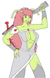 1futa alien antennae belly_button big_breasts black_dress breasts bulge cleavage cleavage_cutout evil_grin female futanari green_antennae green_skin hand_on_hip long_hair looking_at_viewer messy_hair original_character plasma_rifle princess queen red_eyes red_hair red_tail rifle shoulder_pad sinister_smile smile stockings tail transparent_background weapon weapon_over_shoulder wrist_cuffs