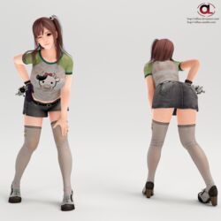 3d ass bovine collarbone dead_or_alive dead_or_alive_5 denim_skirt doll glove hand_on_hip happy honoka_(doa) jean_skirt leaning leaning_forward legwear nylons olibuz pink_hair purple_gloves red_eye see-through_clothing skirt smile text thighs wet_clothes wink winking