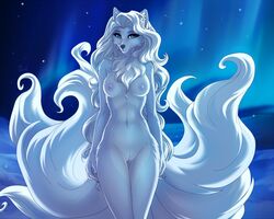 1girls 2020 5:4 abs acino_(artist) alolan_ninetales anthro armpits belly big_tail blue_eyes breasts canine collaboration detailed_background digital_media_(artwork) eye_contact female female_focus fox fur furry furry_only genitals hair long_tail looking_at_viewer mammal multi_tail naked navel night ninetales nintendo nipples nude open_mouth pokémon_(species) pokemon pussy sky slim small_waist smile snow solo solo_female solo_focus tail thick_thighs thin_waist ts-cat video_games white_body white_fur wide_hips