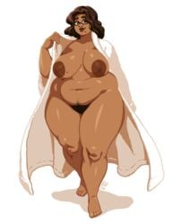 bbw beauty_mark bimbo blockdevil brown_hair dark-skinned_female dark_skin female female_only glasses large_areolae large_breasts mostly_nude obese_female pubic_hair robe thick_lips venus_body