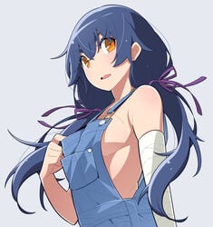 1girls adjusting_clothes bandage bandaged_arm bandages blue_hair breasts brown_eyes eyebrows_visible_through_hair female female_only hair_ribbon highres kanbaru_suruga long_hair looking_at_viewer medium_breasts monogatari_(series) naked_overalls open_mouth overalls purple_ribbon ribbon sideboob simple_background solo twintails upper_body yamanami_kousuke