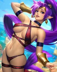 1girls armband bangles bocas_top brown_skin female female_only genie jewelry lingerie neoartcore patreon pointy_ears ponytail pose purple_hair shantae shantae_(character) smooth_skin solo underboob wayforward