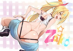 1girls ass ass_cleavage back blonde_hair butt_crack hoshikawa_sara huge_ass jean_shorts long_hair looking_at_viewer looking_back nijisanji nuezou shorts smile smug solo squatting star-shaped_pupils tank_top thong virtual_youtuber