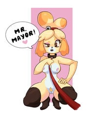 <3 2019 alternate_version_at_source animal_crossing anthro bondage breasts canid canine canis clothing collar crouching dialogue domestic_dog english_text female femsub fur furry furry_only genitals heart hi_res isabelle_(animal_crossing) leash legwear maledom mammal mostly_nude naked naked_boots naked_footwear nintendo nude open_mouth pubes pussy shih_tzu sollarian solo speech_bubble text thick_thighs thigh_highs toy_dog video_games