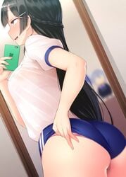 big_ass black_hair blue_eyes buruma gym_uniform long_hair mirror_selfie nijisanji phone satou_kuuki shorts strip_tease sweat tease thick_thighs tsukino_mito tsukino_mito_(channel) virtual_youtuber wet_clothes