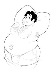 1boy aged_up armpit_hair arms_behind_head bara bhm big_ass big_belly big_pecs bulge chest_hair eroborus hairy hairy_armpits hairy_chest hirsute inviting male male_only morbidly_obese presenting raised_eyebrows shorts sketch smile smiling solo solo_male steven_quartz_universe steven_universe stubble