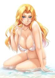 1girls big_breasts bikini bleach blonde_hair blue_eyes blush breasts cleavage female female_only hand_on_hair holding_hair long_hair looking_at_viewer matsumoto_rangiku mole mole_under_mouth sakuya_(liao_kj) sitting smile solo water wet wet_body wet_hair