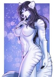 1futa 2019 alpha_channel animal_genitalia arctic_wolf black_hair breasts canid canine canis featureless_breasts fully_sheathed fur furry futa_only futanari genitals highres long_hair looking_at_viewer luca_(nouyorus) mammal nude porin red_eyes sheath solo white_body white_fur wolf