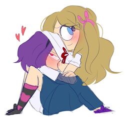 1boy 1girls blonde_hair blue_eyes blush blushing blushing_profusely bonnie_(fnafhs) breasts breasts_out clothed cute female five_nights_at_freddy's fnafhs golden_hair hugging hugging_partner joy_(fnafhs) looking_at_viewer no_sex purple_hair red_eyes wholesome