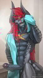 2019 abs anthro balls big_penis bodily_fluids demon_lord_dragon_batzz dragon erection future_card_buddyfight genital_fluids genitals hi_res humanoid_penis male male_only muscular muscular_male nude pecs penis precum solo standing todex towel vein veiny_penis wet