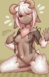 2020 anthro ass_visible_through_thighs black_body black_skin bottomless bovid breasts caprine chest_tuft clothed clothing eyewear female fur furry genitals gesture glasses hair happy heart hi_res horn kemono kneeling looking_at_viewer mammal navel pasties pink_eyes pointing pointing_at_self pussy round_glasses sakura_hichuena sheep simple_background skimpy smile solo textured_background tongue tongue_out translucent translucent_clothing tuft white_hair wool_(fur) zinfyu