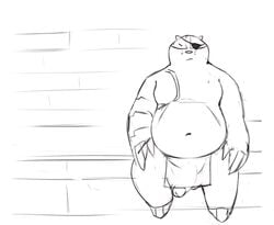 badger badgerclops balls belly bitnarukami bodily_fluids cartoon_network cybernetics cyborg eye_patch eyewear flaccid genitals hi_res machine male male_only mammal mao_mao:_heroes_of_pure_heart mustelid musteline navel overweight penis sauna sketch sweat towel