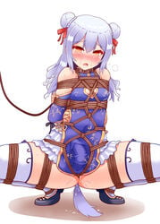 1boy 
1boy 
highres 
inuyama_tamaki 
lilish bangs bdsm blue_footwear blue_hair blush bondage bound bow braid braided_bun bulge china_dress chinese_clothes covered_nipples crossdressing crying dog_tail double_bun dress erection erection_under_clothes femboy flats full_body highres inuyama_tamaki light_blue_hair lilish looking_at_viewer male_focus noripro open_mouth original penis restrained shoe_bow shoes simple_background socks solo squatting tail tied_up trap virtual_youtuber white_background white_legwear