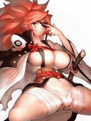 1girls arc_system_works baiken bandage cleavage clothed clothed_female clothing eye_patch eyewear female female_only fumio_(rsqkr) goggles guilty_gear guilty_gear_xrd human katana kimono large_breasts long_hair looking_at_viewer one_eye open_clothes pink_hair red_eyes red_hair sheath sheathed simple_background smile smiling smiling_at_viewer smirk solo solo_female solo_focus spread_legs weapon