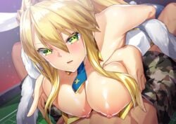 1boy ahoge animal_ears artoria_pendragon artoria_pendragon_(lancer) artoria_pendragon_(swimsuit_ruler) bangs blonde_hair blue_legwear blue_neckwear blush braid breast_squeeze breasts bunny_ears bunnysuit cleavage detached_collar fate/grand_order fate_(series) feather_boa female fishnet_legwear fishnets french_braid green_eyes large_breasts leotard long_hair looking_at_viewer nipples paizuri ponytail sidelocks smile solo_focus straight uzuki_karasu white_leotard wrist_cuffs