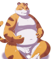 2012 anthro arufina_w balls belly felid flaccid genitals hi_res humanoid_hands humanoid_penis kemono male male_only mammal moobs navel nipples one_eye_closed overweight overweight_male pantherine penis simple_background solo tiger white_background wink