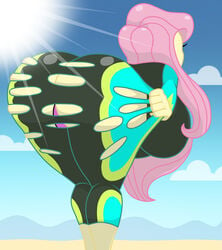 ass ass_focus backboob beach breasts equestria_girls fluttershy_(eg) fluttershy_(mlp) hasbro huge_ass huge_breasts long_hair mashoart mouth_open my_little_pony pink_hair pink_thong ripped_clothing solo solo_female swimsuit thick thick_thighs thong voluptuous wetsuit wide_hips