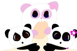 :3 black_body black_fur blue_eyes brown_eyes faceless_male female flower fur giant_panda heart hi_res human lavender_fur male mammal panshel pink_flower pinny plant sheenee shela simple_background straight triple_fellatio ursid white_background white_body white_fur