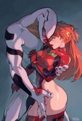 1girls asuka_langley_sohryu blush bodily_fluids bodysuit bottomless breasts clothing female female_human fingering human larger_male light-skinned_female light_skin long_hair looking_at_viewer male mass_production_eva monster monster_boy monster_rape neon_genesis_evangelion optionaltypo pilot_suit plugsuit pussy size_difference stockings the_end_of_evangelion thighhighs wide_hips