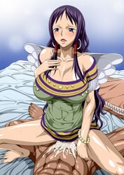 1girls bimbo bracelet censored cowgirl_position cum cum_inside female female_focus half-dressed hoop_earrings male mousse_(one_piece) nel-zel_formula one_piece pearl_bracelet vaginal_penetration wings