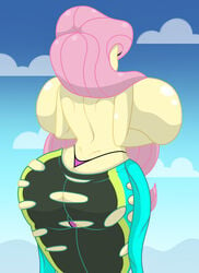 ass_cleavage back_view backboob beach butt_crack equestria_girls fluttershy_(eg) fluttershy_(mlp) holding_breasts huge_ass huge_breasts hyper hyper_breasts long_hair mashoart my_little_pony no_bra pink_hair pink_thong ripped_clothing solo solo_female swimsuit thong topless v-string voluptuous wide_hips