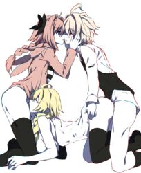 1girls 2boys ahoge animal_ears astolfo_(fate) bisexual bisexual_male black_bow blonde_hair bow braid breasts brown_hair bunny_ears closed_eyes doggy_style fate/apocrypha fate_(series) fellatio female group_sex hair_intakes hand_on_another's_hip hands_on_another's_face highres hood hoodie jeanne_d'arc_(fate) jeanne_d'arc_(fate)_(all) kissing large_breasts licking long_braid long_sleeves looking_at_another multiple_boys oerba_yun_fang oral pink_hair pink_hoodie purple_eyes shirt sieg_(fate/apocrypha) simple_background single_braid skin_fang smile spitroast sweat tajima_yoshikazu thighhighs threesome tongue tongue_out trap white_background white_shirt yaoi