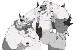 2020 anthro balls belly bovid caprine duo erection fuddyblog genitals hi_res kemono league_of_legends male male/male mammal moobs nipples ornn overweight overweight_male penis polar_bear riot_games simple_background ursid ursine video_games volibear