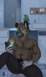 2023 absurd_res aggressive_retsuko anthro bottomwear brown_body brown_fur clothing comic fur haida hi_res hyena looking_at_object looking_at_phone lumarten male male_only mammal pants pubes sanrio sitting smooth_fur solo spotted_hyena