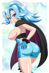 1girls alternate_breast_size armpits ass behind big_ass big_breasts blue_eyes blue_hair bodysuit boots cape clair_(pokemon) earrings eye_contact female female_only gloves high_heel_boots human human_only long_hair looking_at_viewer looking_back nintendo nipples partially_clothed pokemon pokemon_gsc pokemon_hgss ponytail shiny_hair shiny_skin thick_ass thick_thighs topless wide_hips yensh