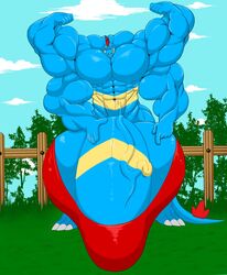 1boy 5_fingers abs anthro big_muscles big_penis big_testicles clothing day erection fence feraligatr fingers flexing genitals hi_res huge_cock huge_muscles huge_testicles hyper hyper_genitalia hyper_muscles hyper_penis hyper_testicles male multi_arm multi_limb muscular nintendo original_character penis pokémon_(species) pokemon pokemon_gsc sachiel_666 scalie sky stretched_clothing tree underwear vein video_games what