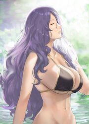 1girls arm_behind_back belly_button big_breasts bikini bikini_top black_bikini bottomless breasts camilla_(fire_emblem) closed_eyes curvy fire_emblem fire_emblem_fates hair_between_eyes j@ck navel nintendo plant purple_hair swimsuit swimsuit_top water