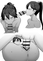 :>= anus ass blush breasts collarbone fellatio female highres houshou_(kantai_collection) kantai_collection long_hair lying missionary monochrome nipples nude on_back open_mouth oral penis penis_kiss ponytail pubic_hair pussy sex small_breasts sweat takaman_(gaffe) vaginal_penetration