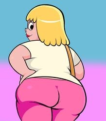 1girls ass back_view big_ass blonde_hair blue_background cartoon_network chubby chubby_female clarence female female_only lipstick looking_back mary_wendell milf pink_background solo wide_hips