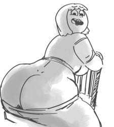 ass big_ass clarence mary_wendell milf monochrome no_panties pants sideboob sitting smile thick_thighs white_background wide_hips