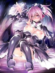 black_legwear blush breasts breasts_out capelet detached_sleeves female frilled_sleeves frills headdress kikurage_(plastic_people) large_breasts long_hair looking_at_viewer nipples original pink_eyes pink_hair smile solo thighhighs