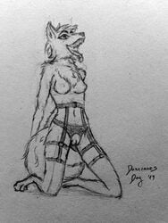 2019 anthro biped breasts canid canine chest_tuft clothing crotchless_panties digitigrade dominoesdog ear_piercing ear_ring female fox fur garter_belt garter_straps genitals graphite_(artwork) greyscale hair hands_behind_back hi_res kneeling lingerie mammal monochrome nipples open_mouth panties paws pencil_(artwork) piercing pussy red_fox short_hair simple_background sketch solo spread_legs spreading teeth tongue tongue_out traditional_media_(artwork) tuft underwear white_background