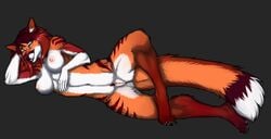 anthro breasts canid canine dipstick_tail female fox fur genitals hair hand_behind_head mammal multicolored_tail nipples orange_body orange_fur pose pussy red_body red_fur red_hair shapeshifterprincess solo spreading stripes white_body white_fur