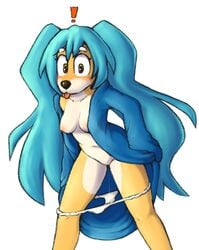 ! 2020 anthro black_nose blue_hair blush bodily_fluids breasts canid canine canis cheems clothed clothing domestic_dog female fur genital_fluids genitals hair hatsune_miku long_hair mammal maypul_syrup meme navel nipples open_mouth pussy_juice shiba_inu simple_background solo spitz tongue tongue_out underwear undressing vocaloid