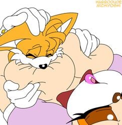 boy_on_top breast_biting breast_sucking closed_eyes clothed_female clothed_female_nude_male clothing dress girl_on_bottom habbodude hand_on_breast hand_on_head larger_female looking_pleasured male male_on_top michiyoshi moaning sonic_(series) tails vanilla_the_rabbit