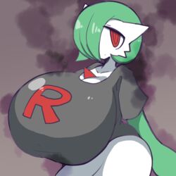 1:1 1girls anthro anthrofied big_breasts big_eyes clothed clothes clothing eye_contact female female_only gardevoir gigantic_breasts green_skin hair_over_one_eye half-closed_eyes huge_breasts humanoid hyper_breasts large_breasts looking_at_viewer musk nintendo petronoise pokemon pokemon_(species) pokemon_go pokemon_rse red_eyes shirt short_hair solo solo_female team_rocket text white_skin