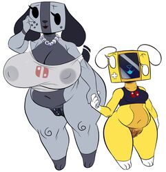 2020 3_toes absurd_res animate_inanimate anthro beady_eyes belly big_breasts black_nose bottomless breasts canid canine cleavage clitoris clothed clothing countershading crop_top duo eyelashes female floppy_ears front_view furry genitals grey_body hand_holding hand_on_cheek hi_res huge_breasts isolatedartest jewelry larger_female mammal mature_female navel necklace nintendo nintendo_switch nintendo_switch_lite nipple_outline overweight overweight_female partially_clothed pussy see-through see-through_clothing see-through_shirt see-through_top shirt shortstack size_difference slightly_chubby smaller_female smile standing switch_dog switch_puppy thick_thighs toes topwear video_games wide_hips yellow_body