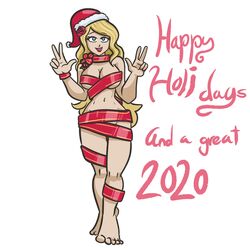 2020 5_fingers 5_toes blonde_hair blue_eyes bow christmas christmas_hat double_v english_text happy lana_wake large_breasts naked_ribbon original_character present red_ribbon ribbon rose_in_hair santa_hat sqootshy v white_background wrapping_paper