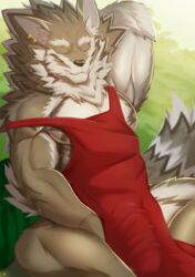 2020 absurd_res alternate_version_at_source anthro apron apron_only biceps black_nose bulge canid canine canis closed_eyes clothing ear_piercing fur fur_tuft genital_outline hand_behind_head hi_res jackal male male_only mammal mostly_nude pecs penis_outline piercing red_apron ritorutaiga seth_(tokyo_afterschool_summoners) solo teeth tokyo_afterschool_summoners tuft video_games