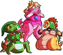 2016 alpha_channel alternate_species anthro birdo blonde_hair blue_eyes bodily_fluids bowser breasts clothing collar egg egg_laying female for_sticker_use genitals green_body group hair horn jamsnjellies koopa link mario_(series) nintendo no_background open_mouth pink_body png princess_peach pussy red_hair scalie simple_background sitting spiked_collar spikes standing sticker_template tail tears the_legend_of_zelda torn_clothing transformation transparent_background transparent_png video_games what