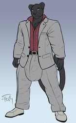 anthro big_bulge bulge chest_tuft clothing cyrus_cairn felid footwear male male_only mammal negativetheory pantherine scar shoes simple_background smile solo suit tagme tuft